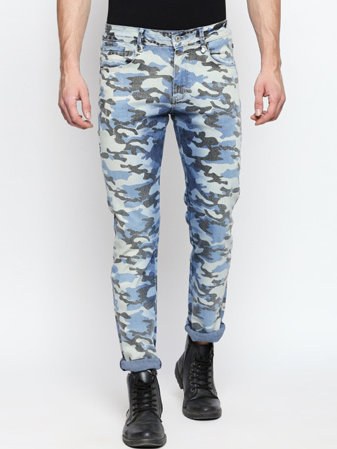 

Rex Straut Jeans Men Blue & Grey Camouflage Print Lean Slim Fit Mid-Rise Clean Look Jeans