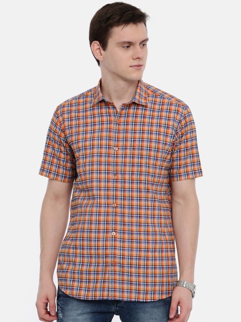 

Classic Polo Men Orange & Blue Slim Fit Checked Casual Shirt