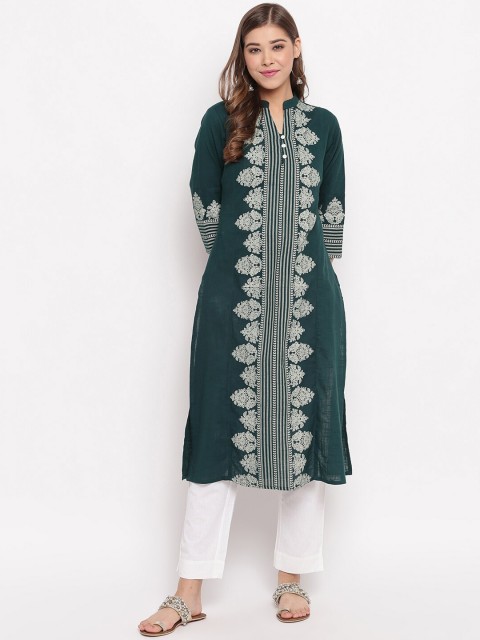 

Janasya Women Green & White Yoke Design A-Line Kurta