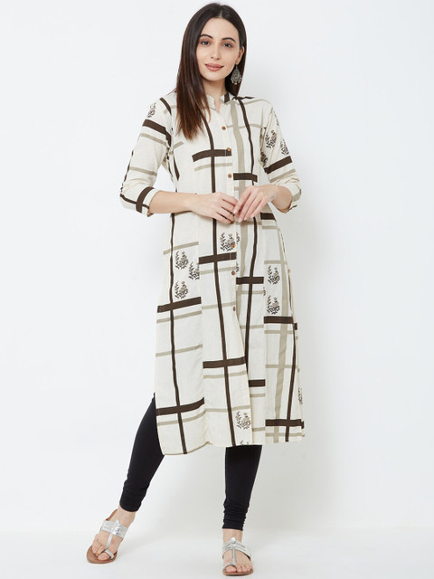 

FASHOR Women Off-White & Brown Checked Straight Kurta