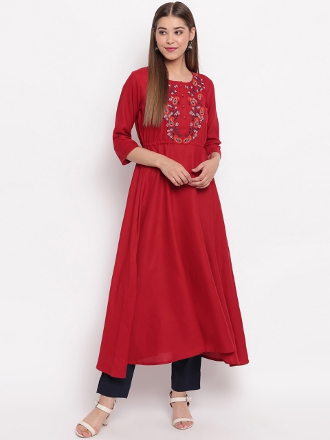 

Janasya Women Maroon Embroidery Yoke Design A-Line Kurta with Tie-Ups