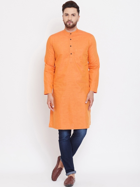 

even Men Orange Solid Linen Straight Kurta