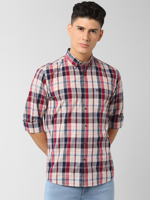 

Peter England Men Cream-Coloured & Red Slim Fit Checked Casual Shirt