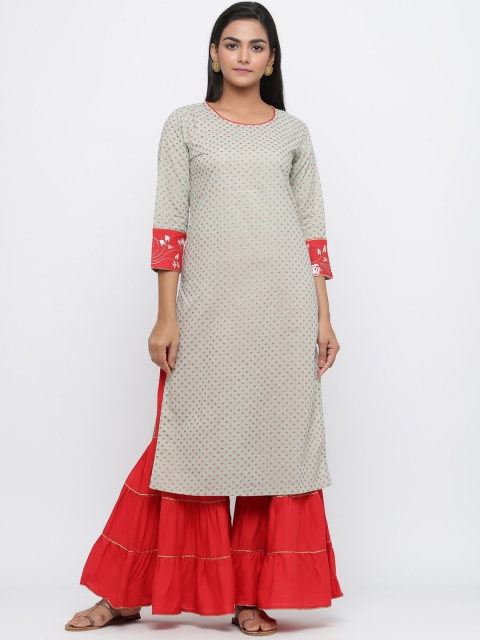 

Silai Bunai Women Sage Green & Red Floral Print Kurta with Sharara