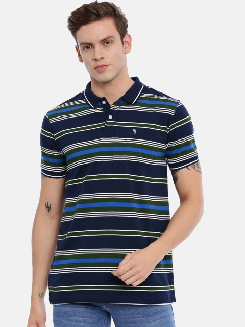 

Classic Polo Men Navy Blue & White Striped Polo Collar T-shirt