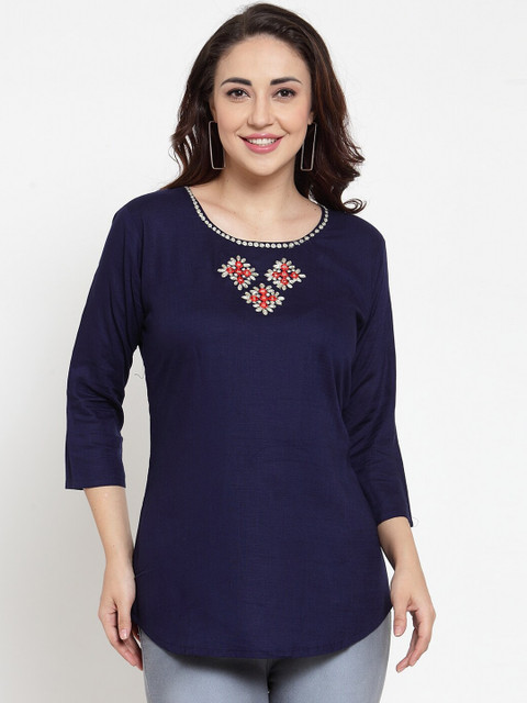 

Baani Creations Women Navy Blue Embroidered Regular Top
