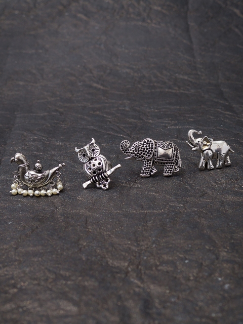 

Golden Peacock Set Of 4 Oxidised German Silver-Plated Finger Rings