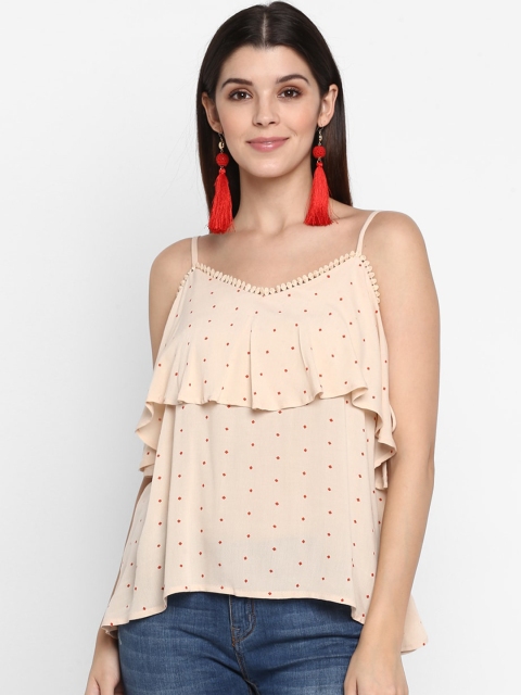 

MIAMINX Women Beige And Red Polka Dots Printed Top