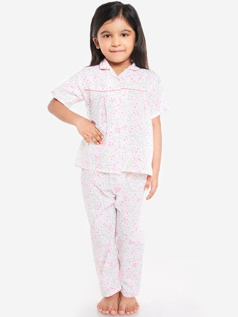 

Fuzzy Bear Girls White & Pink Printed Night suit