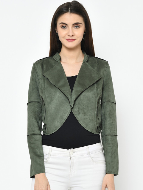 

Latin Quarters Women Olive Green Printed Suede Open Front Jacket