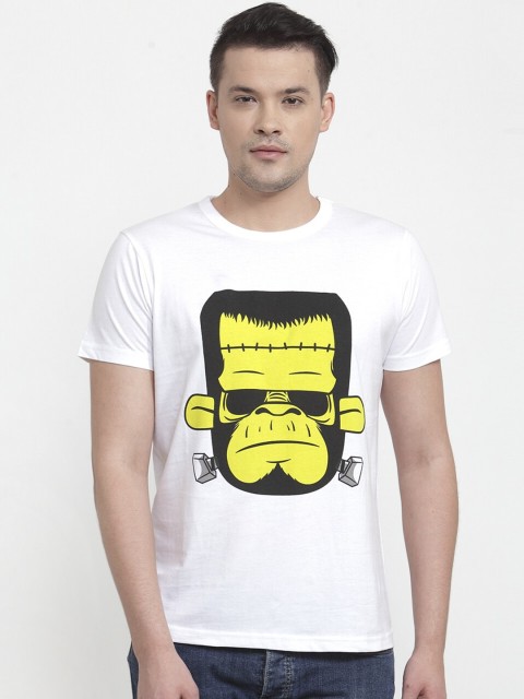 

DOOR74 Men White & Yellow Frankenstien Print Round Neck T-shirt