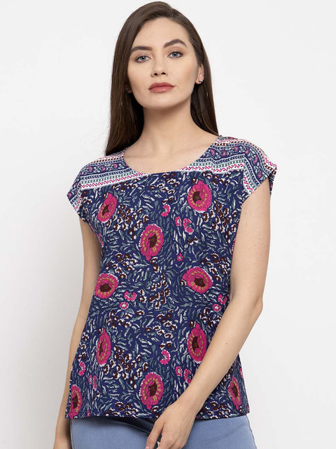 

DOOR74 Women Blue Printed Top