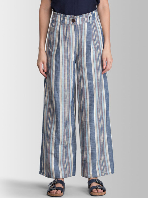 

FableStreet Women Blue & Off-White Loose Fit Striped Parallel Trousers