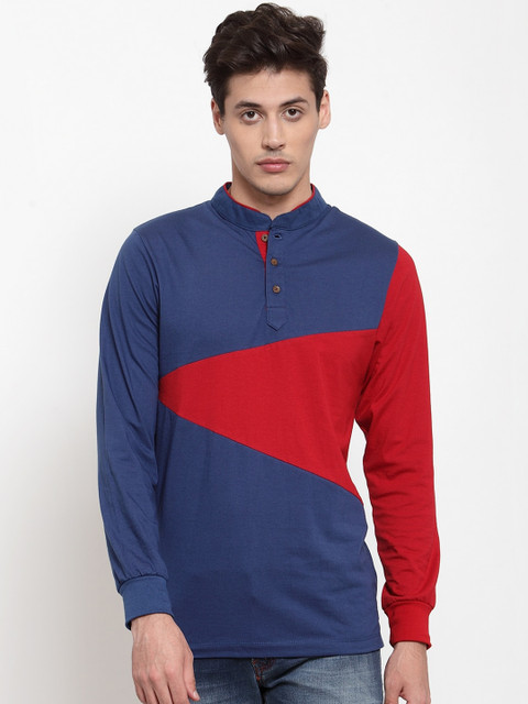 

Kalt Men Blue & Red Colourblocked Mandarin Collar T-shirt