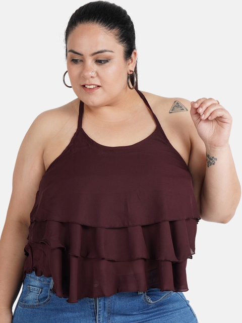 

Indietoga Women Burgundy Solid Tiered Plus Size Top