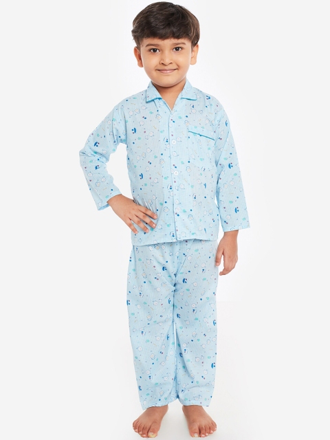 

Fuzzy Bear Boys Blue Printed Night suit