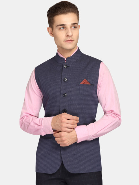 

Theme Men Navy Blue Solid Woven Nehru Jacket