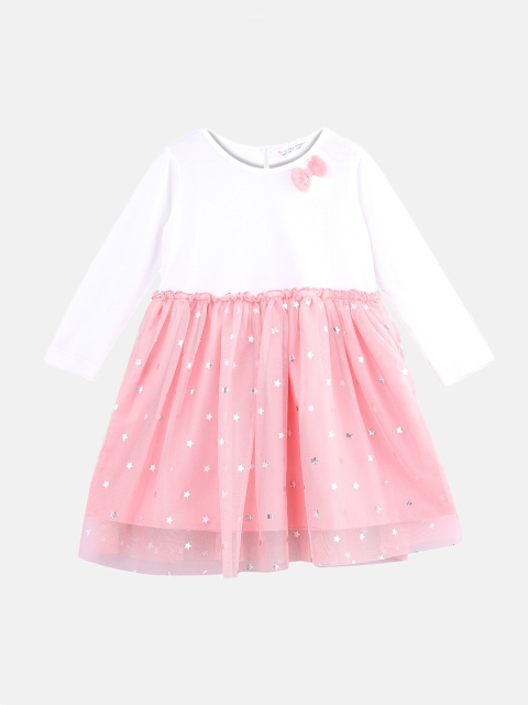 

Beebay Girls Peach-Coloured & White Colourblocked Fit and Flare Dress