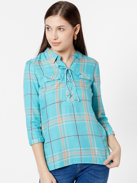 

Kraus Jeans Women Blue Checked Shirt Style Top