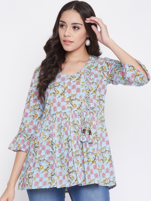 

ETHNIC STREET Women Blue & Pink Floral Printed Gathered Peplum Pure Cotton Top with Tie-Ups