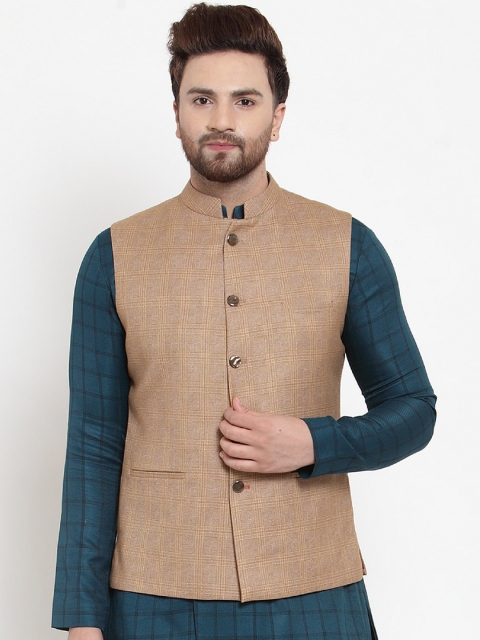 

MAXENCE Men Tan Brown Checked Nehru Jacket