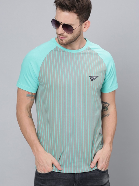 

DILLINGER Men Grey & Turquoise Blue Striped Round Neck T-shirt