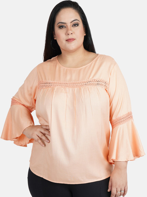 

Indietoga Women Plus Size Peach Solid Top with Lace Detail