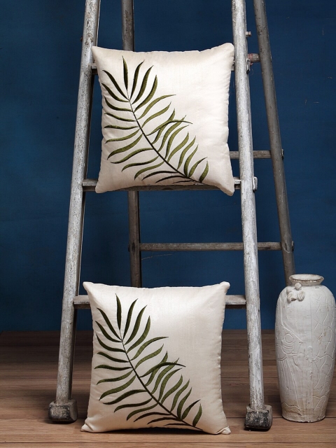

Alina decor Green & Beige Set of 2 Floral Square Cushion Covers