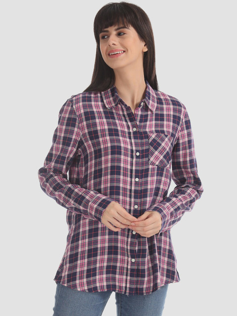 

GAP Women Navy Blue & Pink Plaid Shirt