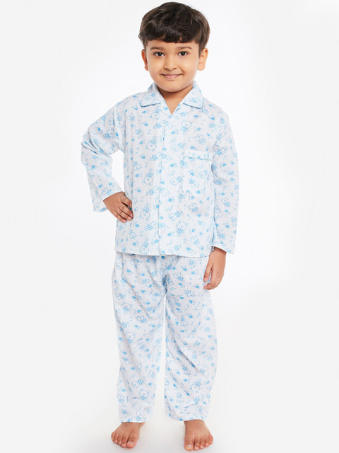 

Fuzzy Bear Boys White & Blue Printed Night suit