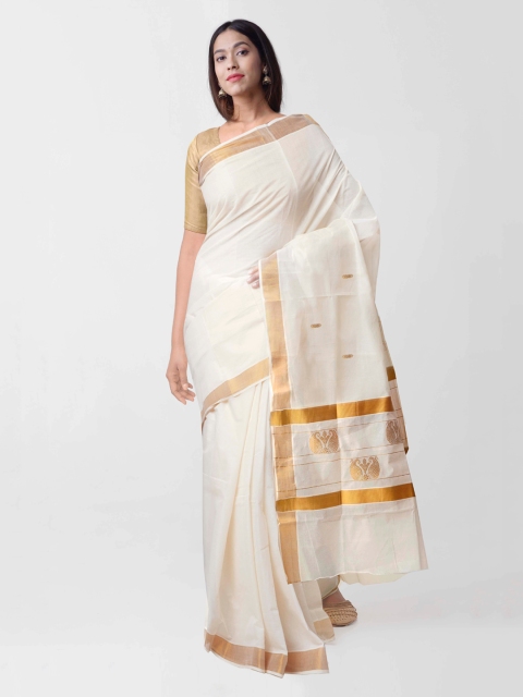 

Unnati Silks Cream-Coloured Pure Cotton Solid Kerala Kasavu Saree
