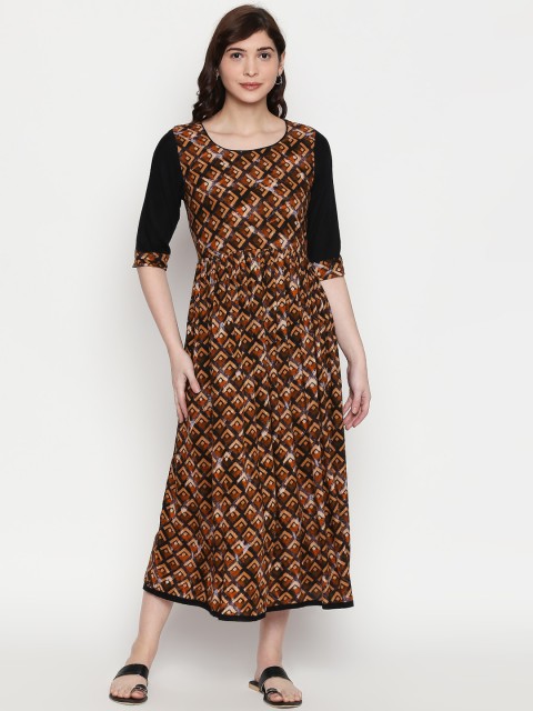 

ZRI Women Brown Printed Fit and Flare Dress