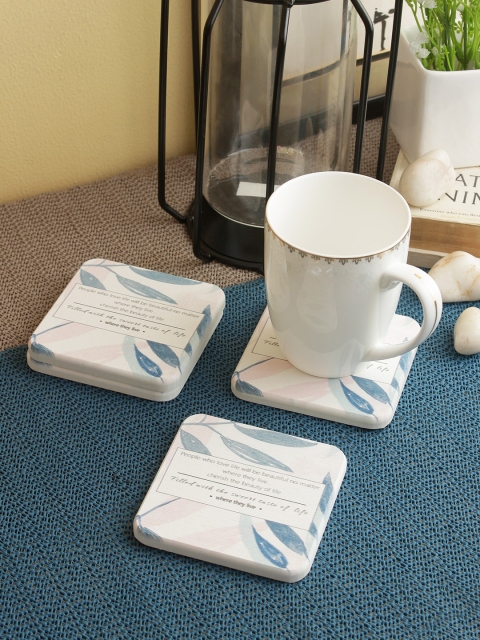 

Cortina Set Of 4 White & Blue Printed Wooden Coasters