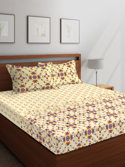 

Boutique Living India Yellow & Blue Floral 300 TC Cotton 1 King Bedsheet with 2 Pillow Covers