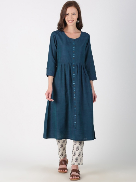 

Saffron Threads Women Teal Blue Solid A-Line Kurta with Embroidered Detail