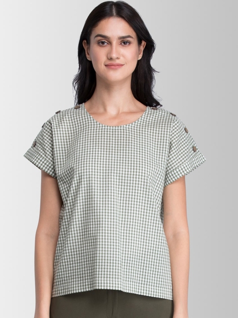 

FableStreet Women Green & White Checked Pure Cotton Top