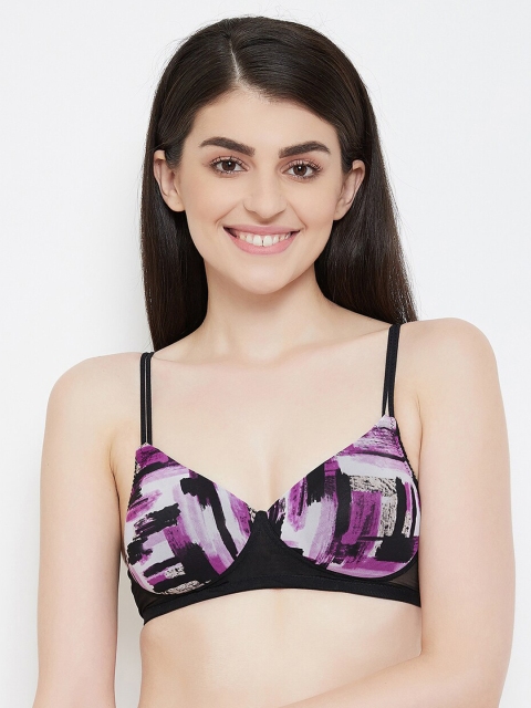 

Clovia Black & Purple Printed Non-Wired Lightly Padded T-shirt Bra BR1569M1336E