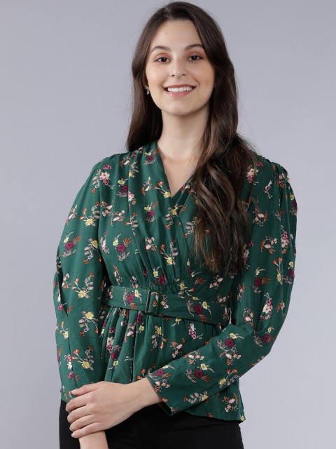 

Tokyo Talkies Women Green Floral Printed Wrap Top With Belt