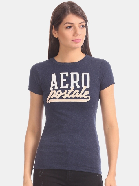 

Aeropostale Women Navy Blue Brand Logo Print Round Neck T-shirt