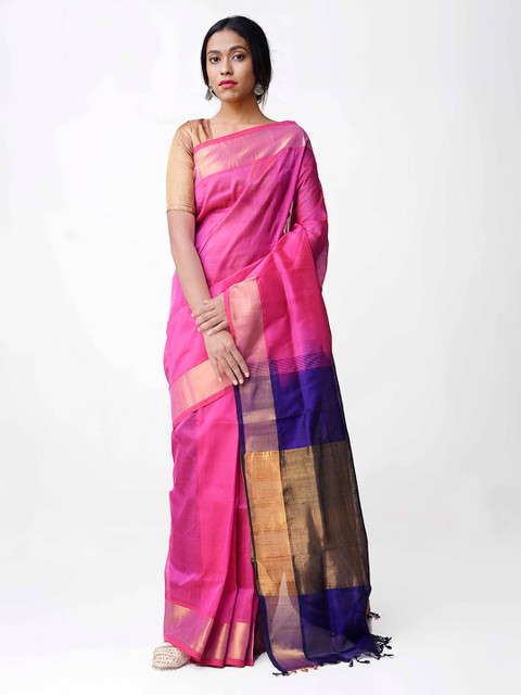 

Unnati Silks Pink & Gold-Coloured Silk Cotton Solid Uppada Saree