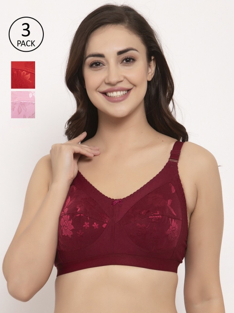 

GRACIT Pack of 3 Lace Non-Wired Non Padded Everyday Bras PW4-03-10-14-28C, Red