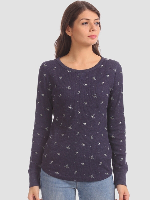 

GAP Women Navy Blue & Off-White Micro Floral Print T-shirt