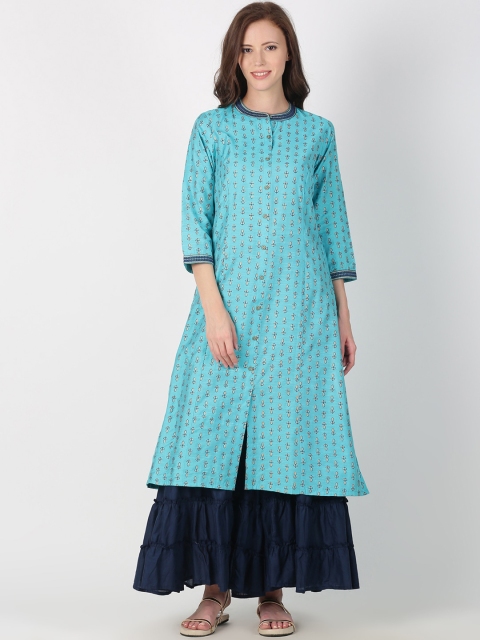 

Saffron Threads Women Blue & Gold-Coloured Printed Straight Kurta