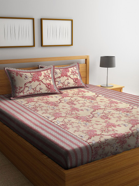 

Rajasthan Decor Pink & Beige Floral 144 TC Cotton 1 Queen Bedsheet with 2 Pillow Covers