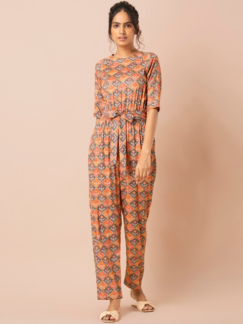 

INDYA Women Orange Floral Printed Basic Jumpsuit