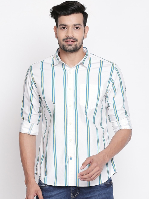 

Urban Ranger by pantaloons Men White & Green Slim Fit Striped Casual Shirt