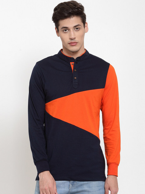 

Kalt Men Navy Blue & Orange Colourblocked Mandarin Collar T-shirt