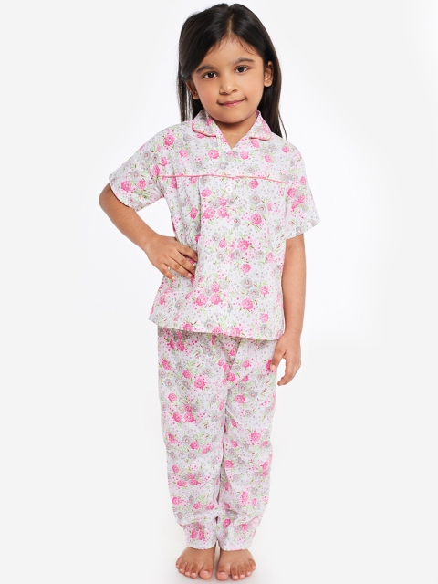 

Fuzzy Bear Girls White & Pink Printed Night suit
