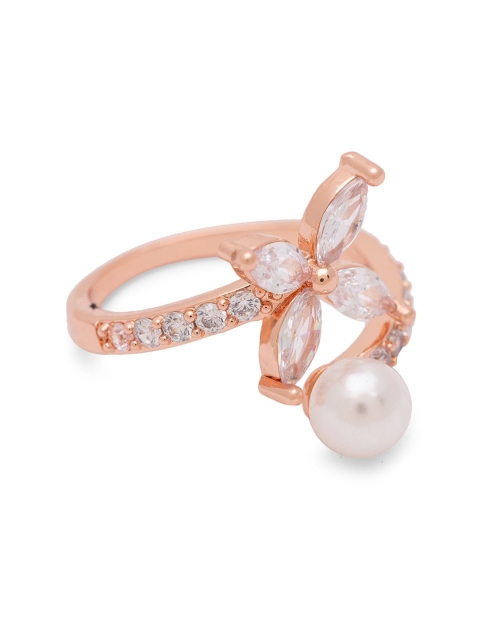

Globus Women Rose Gold-Plated & White CZ-Studded Statement Four Petal Finger Ring