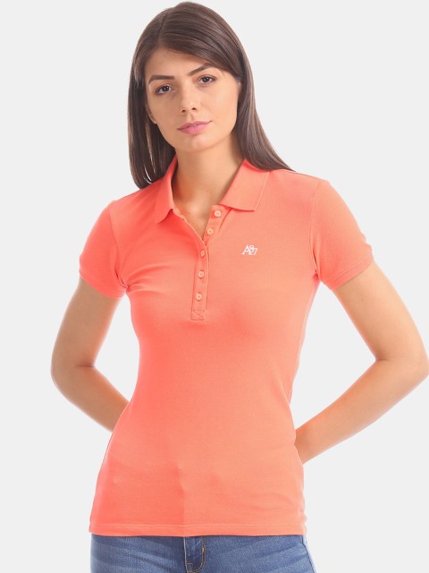 

Aeropostale Women Orange Solid Polo Collar T-shirt